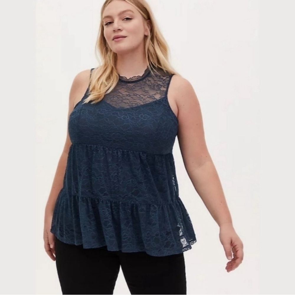 *Torrid Teal Lace High Neck Blouse Tiered Size 2 2Xl